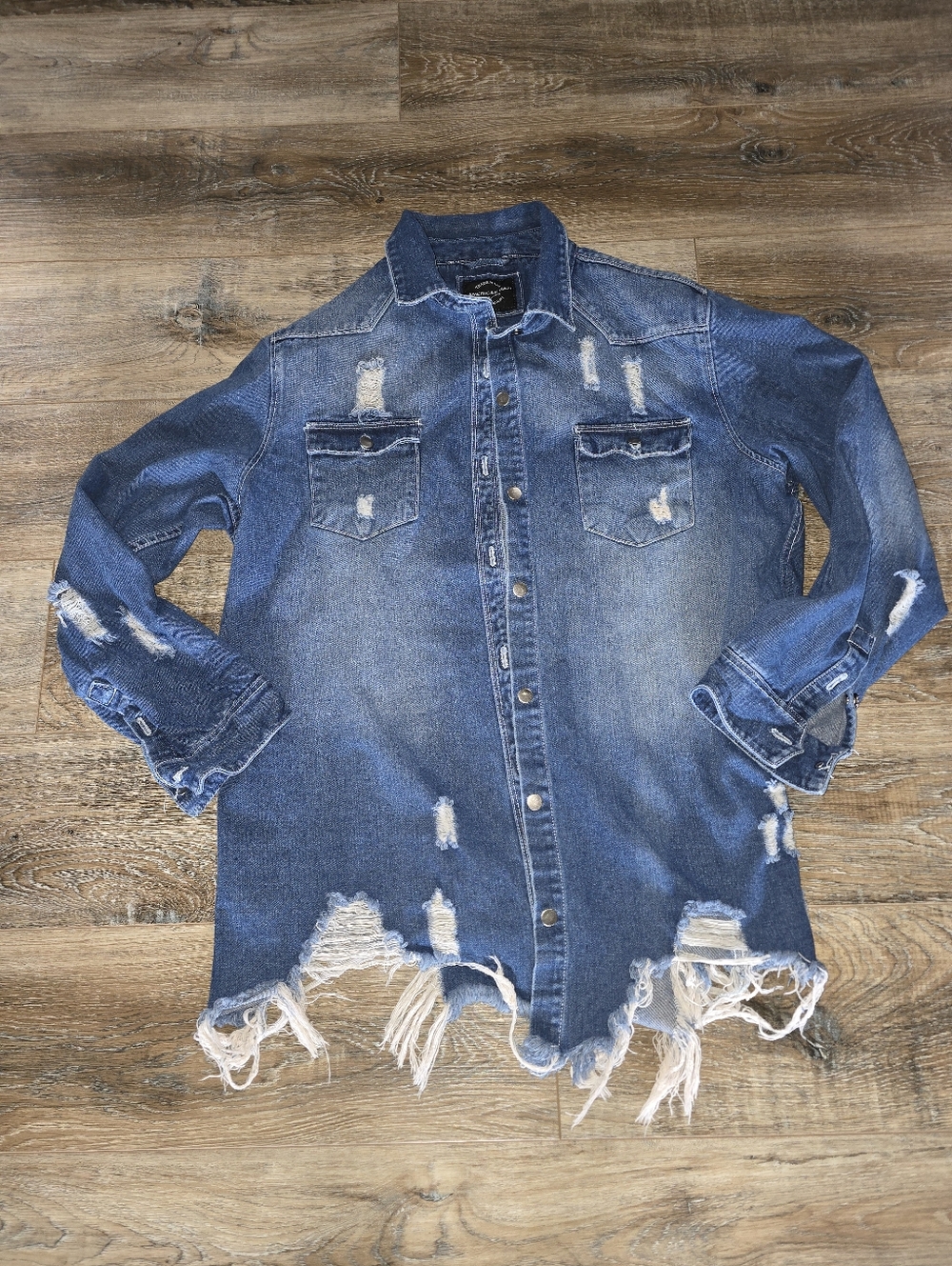 American Bazi Distressed Long Blue Denim Jean Jacket Womens 2X XXL